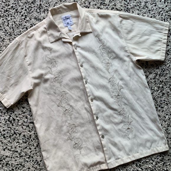 AFTCO Bluewater x Guy Harvey Marlin Embroidered Button Down Shirt Cream Size XL - Picture 4 of 13